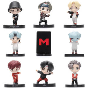 Nine BTS member chibi figurines with names on bases against white background. — Tiny Tan Bts Wallpaper