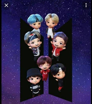 Seven chibi anime characters with colorful hair against a starry purple background. — Tiny Tan Bts Wallpaper