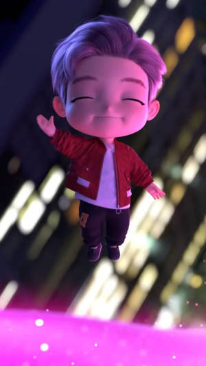 A smiling chibi boy in a red jacket floats above a glowing pink surface in a nighttime city. — Tiny Tan Bts Wallpaper