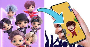Hand holding phone displaying a dancing chibi anime character with crowd silhouettes below. — Tiny Tan Bts Wallpaper