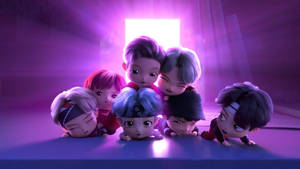 Seven chibi anime characters peeking from behind a glowing purple portal. — Tiny Tan Bts Wallpaper
