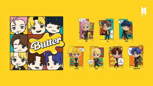 BTS members in chibi style with 'Butter' logo on yellow background. — Tiny Tan Bts Wallpaper