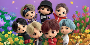 Seven chibi anime boys in colorful outfits posing among blooming flowers. — Bts Wallpaper