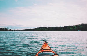 Kayak flottant sur lac calme avec rivage boisé et ciel doux — Kayak Fonds d'écran