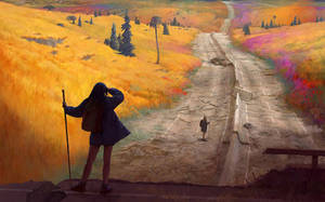A person with a staff stands on a cliff overlooking a colorful winding road. — Travel Wallpaper