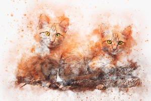 Dois gatinhos laranja malhados com olhos amarelos sentados em um galho em estilo aquarela. — Animal Papéis de Parede