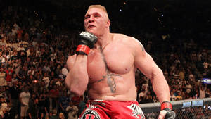 Een bloot bovenlijf MMA-vechter in rode shorts viert overwinning in een UFC-octagon. — UFC Achtergronden