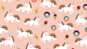 Pink background with repeating cartoon unicorns rainbows donuts and popsicles. — Unicorn Wallpaper