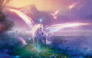A white winged horse in a magical meadow with mountains and flying birds at sunset. — Unicorns Wallpaper