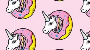Repeating cartoon unicorns emerging from pink frosted donuts with yellow glaze on a pink background. — Unicorns Wallpaper