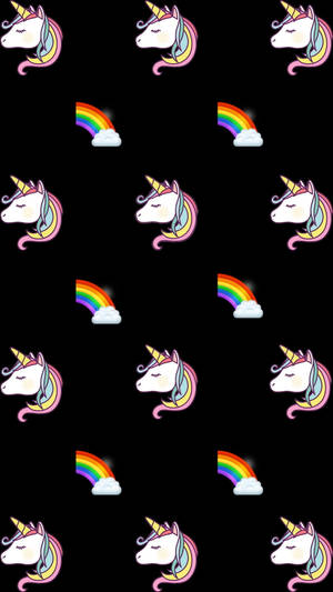 Cartoon unicorns and rainbows in a repeating pattern on black background. — Unicorn Wallpaper