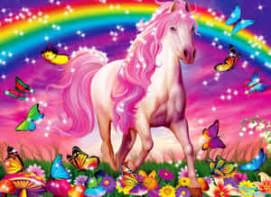 A pink-haired unicorn in a colorful meadow with butterflies and a rainbow. — Unicorns Wallpaper