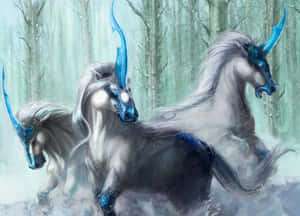 Three mythical ice unicorns with blue horns running through a snowy forest. — Unicorns Wallpaper