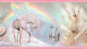 Two unicorns in a magical sky with a rainbow and castle. — Unicorns Wallpaper