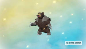 Ein Cartoon-Bär, der in einem Sternenhimmel mit leuchtendem Bauch schwebt. — Gradient Wallpaper