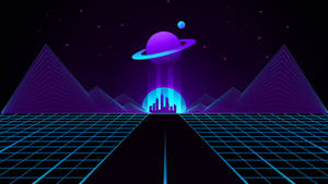 Neon grid road leads to glowing city under purple ringed planet in space. — Saturn Wallpaper