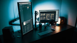 Dunkler Tech-Arbeitsplatz mit zwei Monitoren und glühendem blauen Umgebungslicht. — Desktop computer Wallpaper