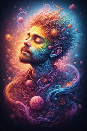 A man with closed eyes surrounded by colorful cosmic swirls and glowing orbs. — Dynamic Wallpaper