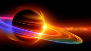 A colorful ringed planet glowing in space with a nebula behind it. — Saturn Wallpaper