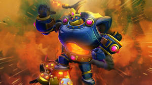 A blue armored robot with glowing eyes and core stands in an explosive fiery scene. — Hero Wallpaper
