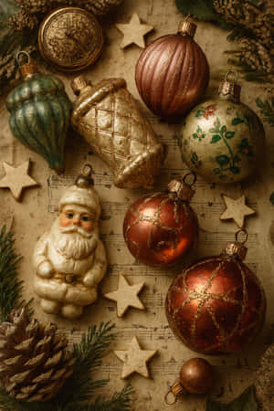 Vintage Christmas decorations including ornaments and a Santa figurine on sheet music. — Holiday Wallpaper