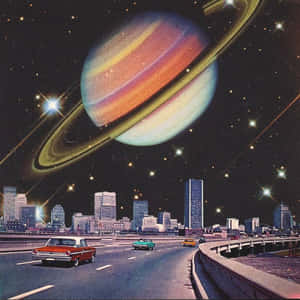 Vintage cars drive on a highway beneath a giant Saturn in a starry night sky. — Saturn Wallpaper