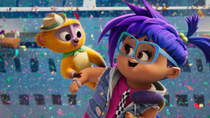 Two animated characters celebrate with confetti in a stadium. — Vivo Wallpaper