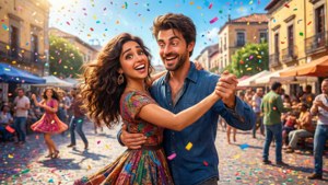 A smiling couple dancing in a lively street festival with falling confetti. — Vivo Wallpaper