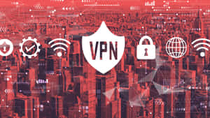 Röd stadssilhuett med vit VPN-sköld och digitala säkerhetsikoner. — Vpn Bakgrundsbilder