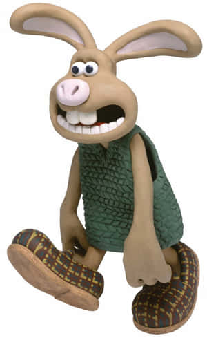 Claymation rabbit in green vest and patterned slippers smiling widely. — Rabbit Wallpaper