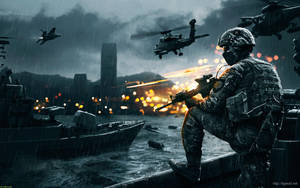 Soldier firing rifle from boat in rainy urban war zone with helicopters and jets. — War Wallpaper