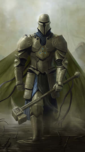 A knight in silver armor wields a warhammer while standing in water with a green cloak. — Warrior Wallpaper