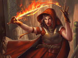 A fantasy warrior in red hood and armor swings a flaming sword in a stone corridor. — Warrior Wallpaper