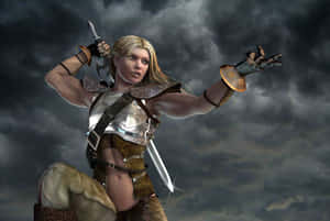 A female warrior in detailed armor holding a glowing sword under a stormy sky. — Warrior Wallpaper