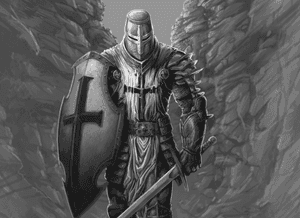 A knight in full armor holding a shield and sword in a rocky canyon. — Warrior Wallpaper
