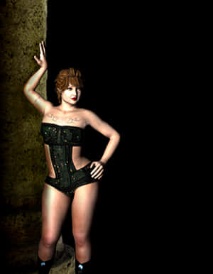 A woman in a black corset and shorts poses against a stone wall. — Warrior Wallpaper
