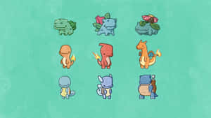 Nine classic Pokémon characters in a grid on teal background. — Deftones Wallpaper