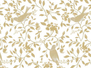 Guldfugle og blomsterranker i et gentagende tapetmønster på hvid baggrund. — Gold Wallpapers