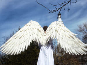 Person with large white angel wings standing outdoors near a church. — Wings Wallpaper