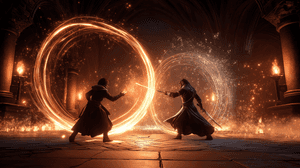 Two fantasy warriors duel with glowing energy swords in a cathedral. — Duel Wallpaper
