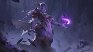 Purple-skinned elf mage casting glowing purple magic in a dark forest. — Fantasy Wallpaper