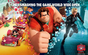 Wreck-It Ralph perfura um mundo de jogo pixelizado com Vanellope em um carro de doces. — Ralph Papéis de Parede