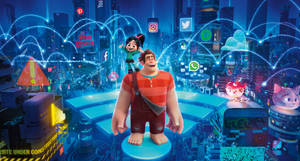 Ralph e Vanellope em uma cidade digital brilhante com logotipos de mídias sociais. — Ralph Papéis de Parede