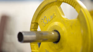 Close-up of a yellow 33lbs weight plate on a barbell in a gym. — Barbell Wallpaper
