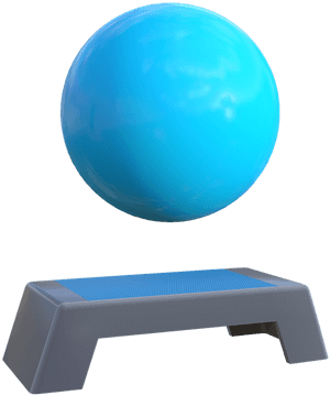 A blue glowing orb floats above a gray exercise step. — Yoga Wallpaper