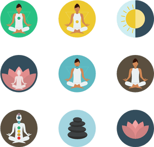 Nine circular icons showing meditation poses chakras and stones for wellness. — Yoga Wallpaper