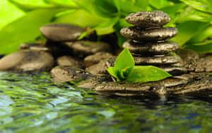 Stablede våde sten med et grønt blad ved siden af roligt vand og løv. — Zen Wallpapers