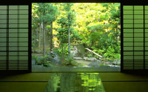Traditionelt japansk rum med skydedøre, der åbner til en solbeskinnet skovhave. — Zen Wallpapers