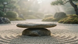 Fondo de pantalla de Balanced stone on raked sand in a misty zen garden at dawn