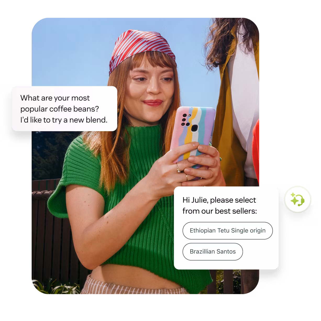 Person using a smartphone, with chat bubbles suggesting popular coffee beans to try